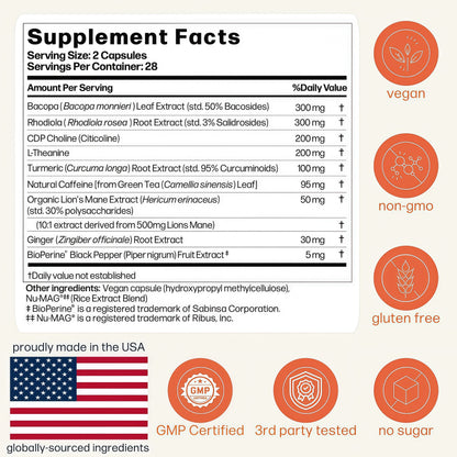 Avantera Elevate Premium Nootropic Supplement - Beat Brain Fog - Best Focus Supplements for Memory & Focus Support - Energy Without Crash - 56 Count Pills for Women & Men*